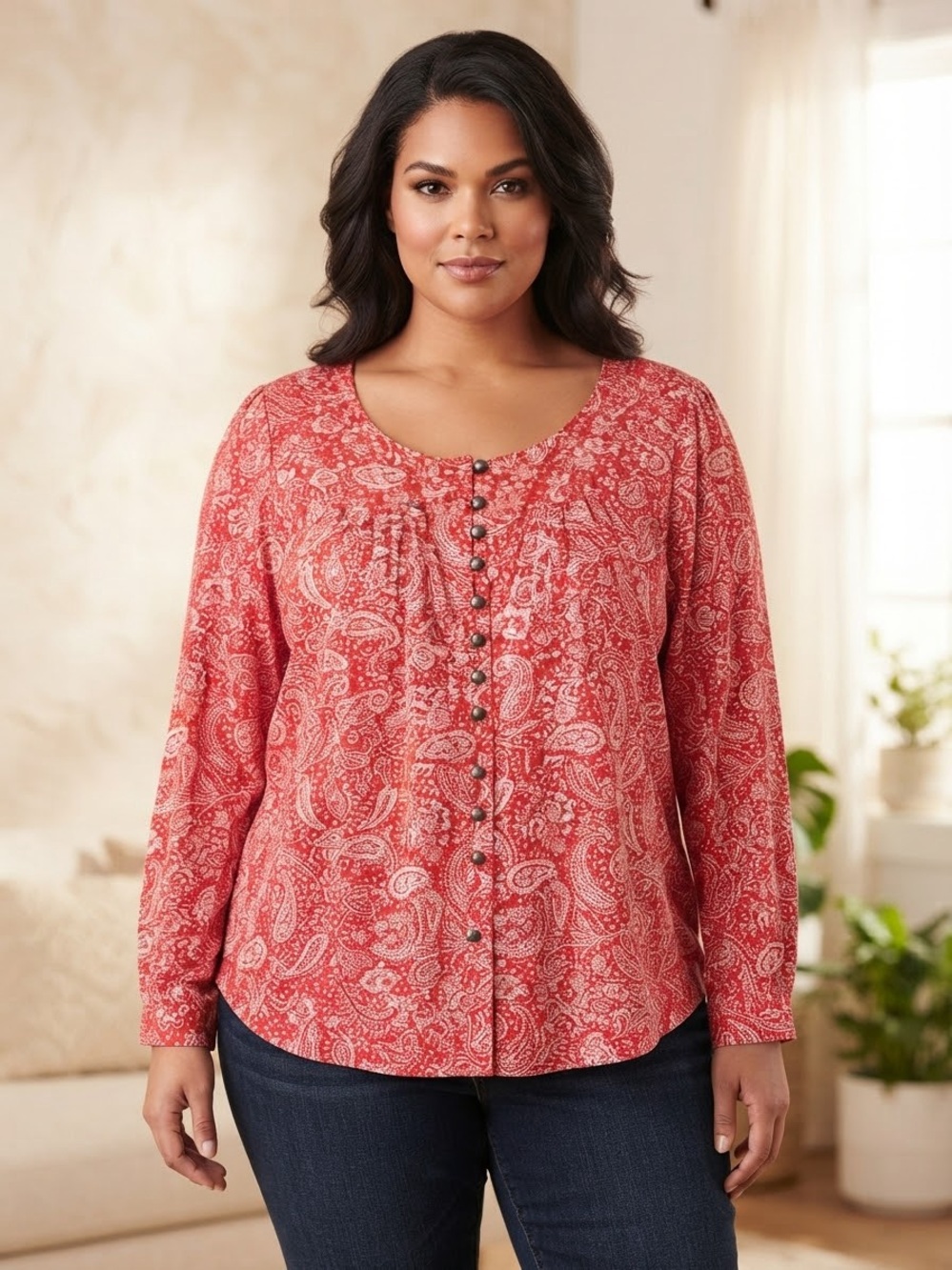 Take 50% OFF-Terra&Sky Plus Women’s Red Paisley Button-Front Peasant Top,Sz-2X